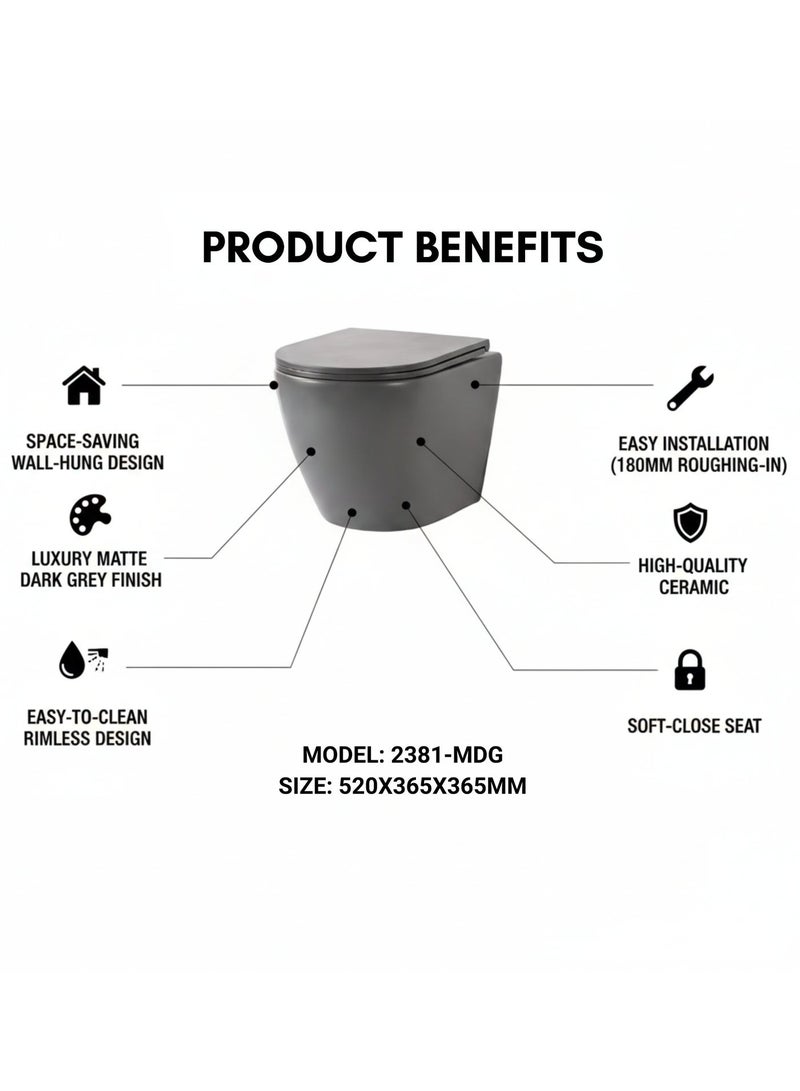 PURE Wall Hung Toilet, Grey Matt, Built-In Concealed Design, Rimless Ceramic, Space Saving Floating WC - Image 2